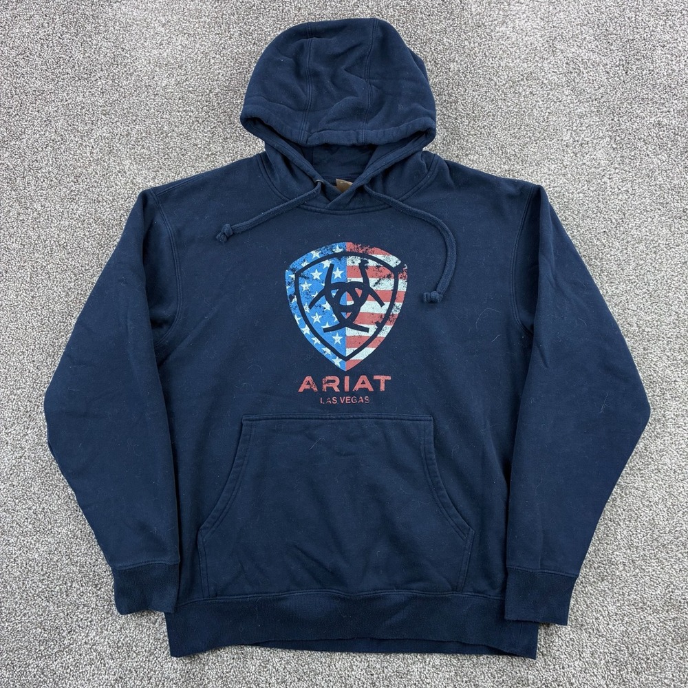 Ariat Hoodie Mens Large Blue Pullover Sweatshirt Workwear USA Flag Logo
